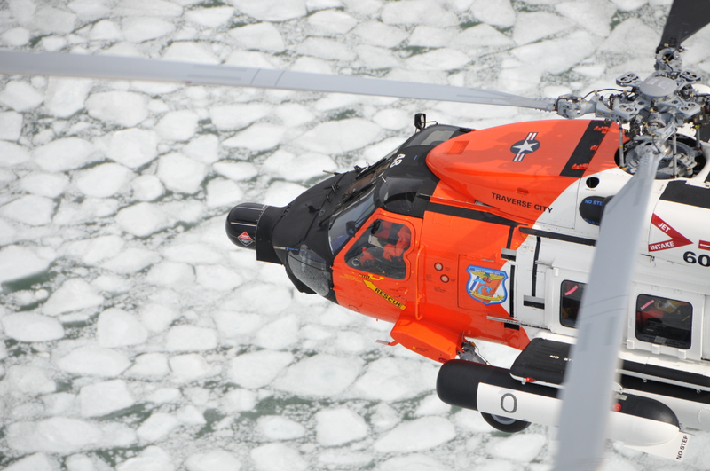 A Coast Guard Jayhawk helicopter in a search and rescue exercise.